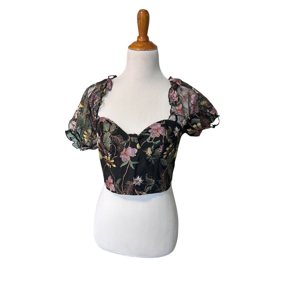 Floral Embroidered Bustier Crop Top Sheer Puff Sleeve‎ Blouse